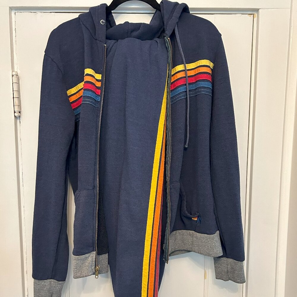 Aviator Nation Women's Navy 5 Stripe Zip Up Sweatshirt and Sweatpants Set - LG